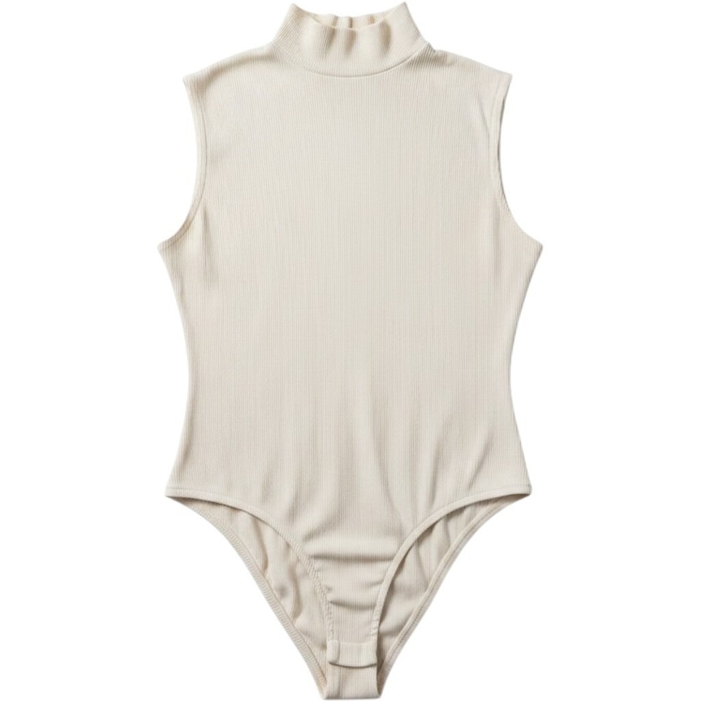 Vintage Sleeveless Ribbed Mock Neck Bodysuit Cream Off-White Snap Closure Small